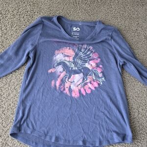 SO Blue-Gray Long-Sleeve Top with Pink Pegasus Print
